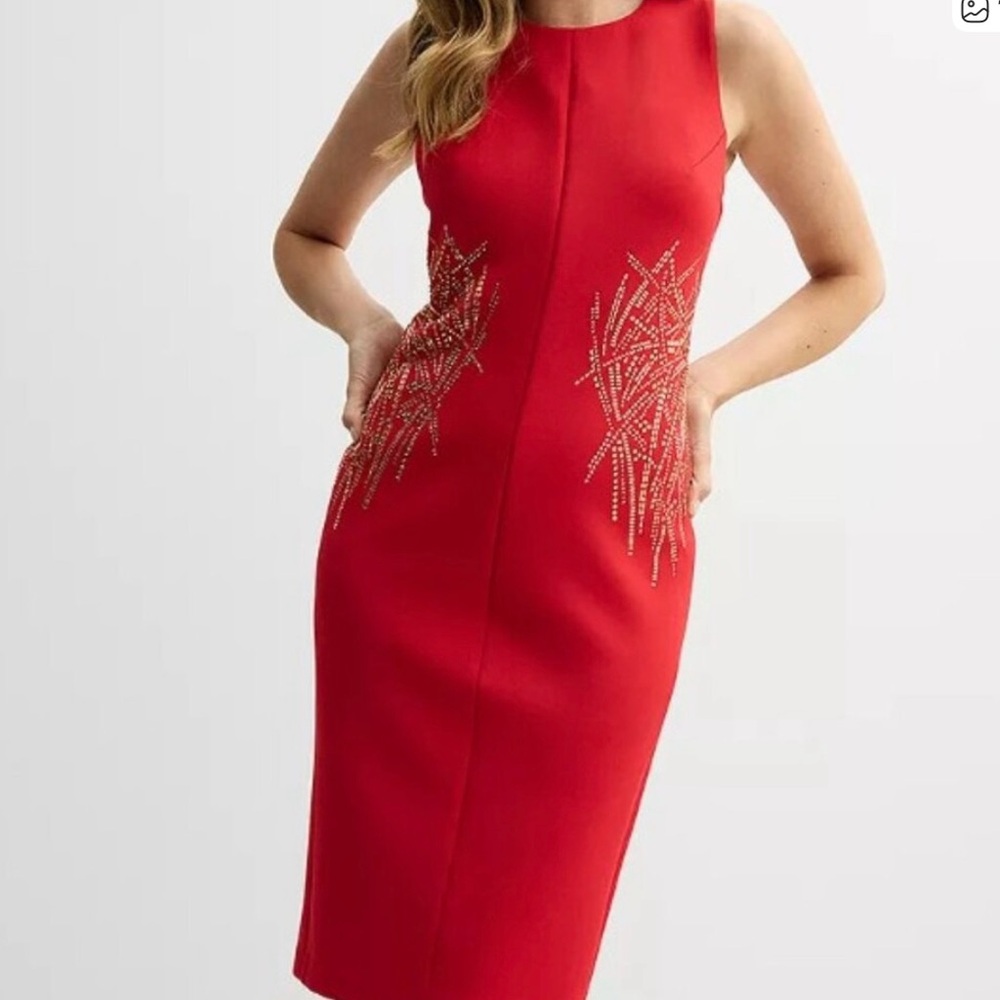Andrew Marc Elegant Red Beaded Sleeveless Sheath Dress
